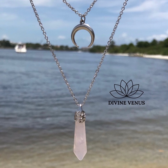 Rose Quartz Crescent Moon Layered Necklace - Picture 10 of 15